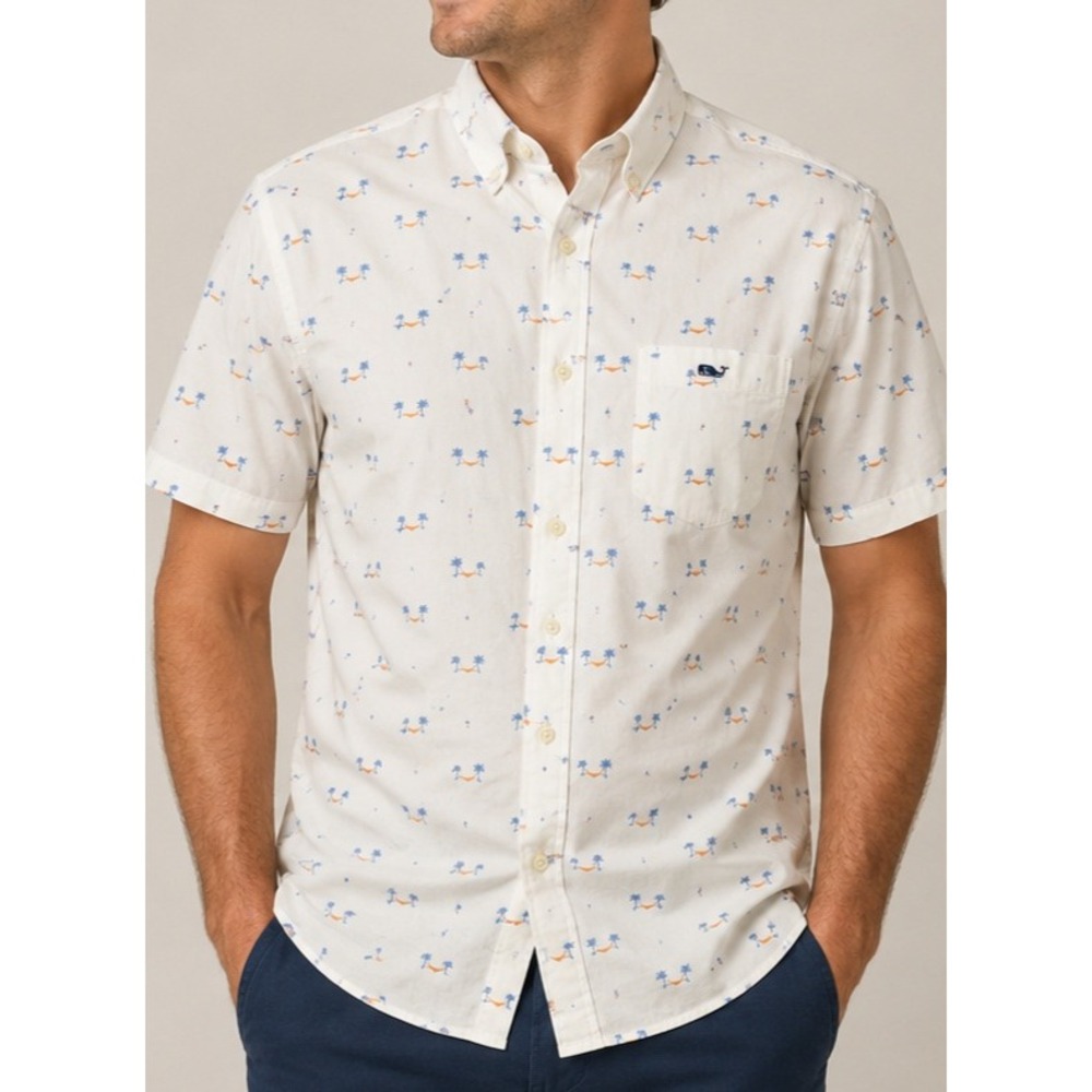 Vineyard Vines Mens White Hammock Palm Tree Print Short Slv Button Down Shirt M